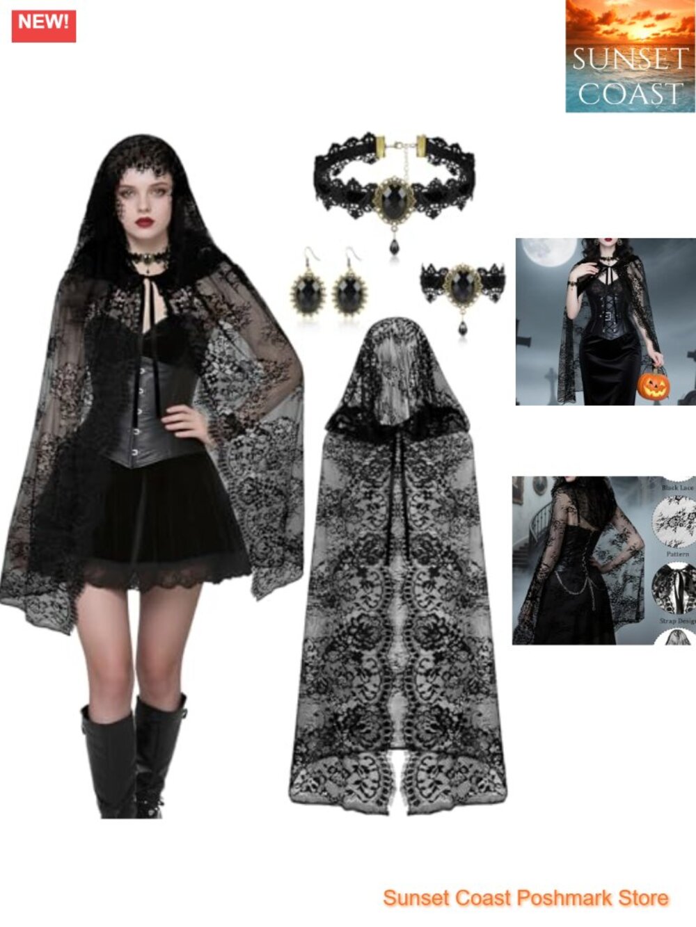 Halloween Witch Costume Set Hooded Lace Cape Necklace Bracelet Earrings